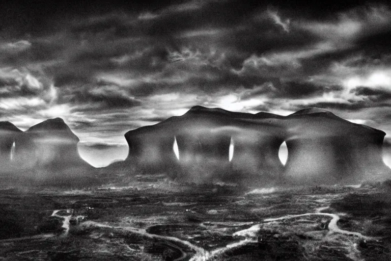 Image similar to aliens invading earth in the style of ansel adams, black and white, old, master photography