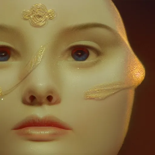 Image similar to a beautiful girl's face made of ivory and gold filigree, film still by edward hopper, by Bosch, by klimt, art noveau, highly detailed, very ornate, strong lights, liminal, eerie, Bright pastel colors, octane render, 8k