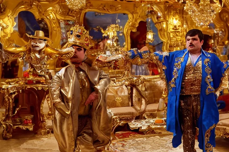 Prompt: el chapo is a genie standing in the middle of a grandiose mexican mansion. everything is made out of gold. the mansion is incredible and ornate. chapo has a clockwork chain. there are princesses and queens everywhere around him because they love him. wearing a genie costume. lovely scene of a genie being a pimp by kinkade