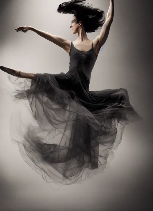 Prompt: a photorealistic dramatic hyperrealistic render photography of a glamorous beautiful female dancer by ken brower and deborah ory of nyc dance project, lois greenfield, flowing cloth and smoke, beautiful dynamic dramatic dark moody lighting, beautiful intricate face, volumetric, shadows, artgerm, alphonse mucha, cinematic atmosphere, octane render, 8 k