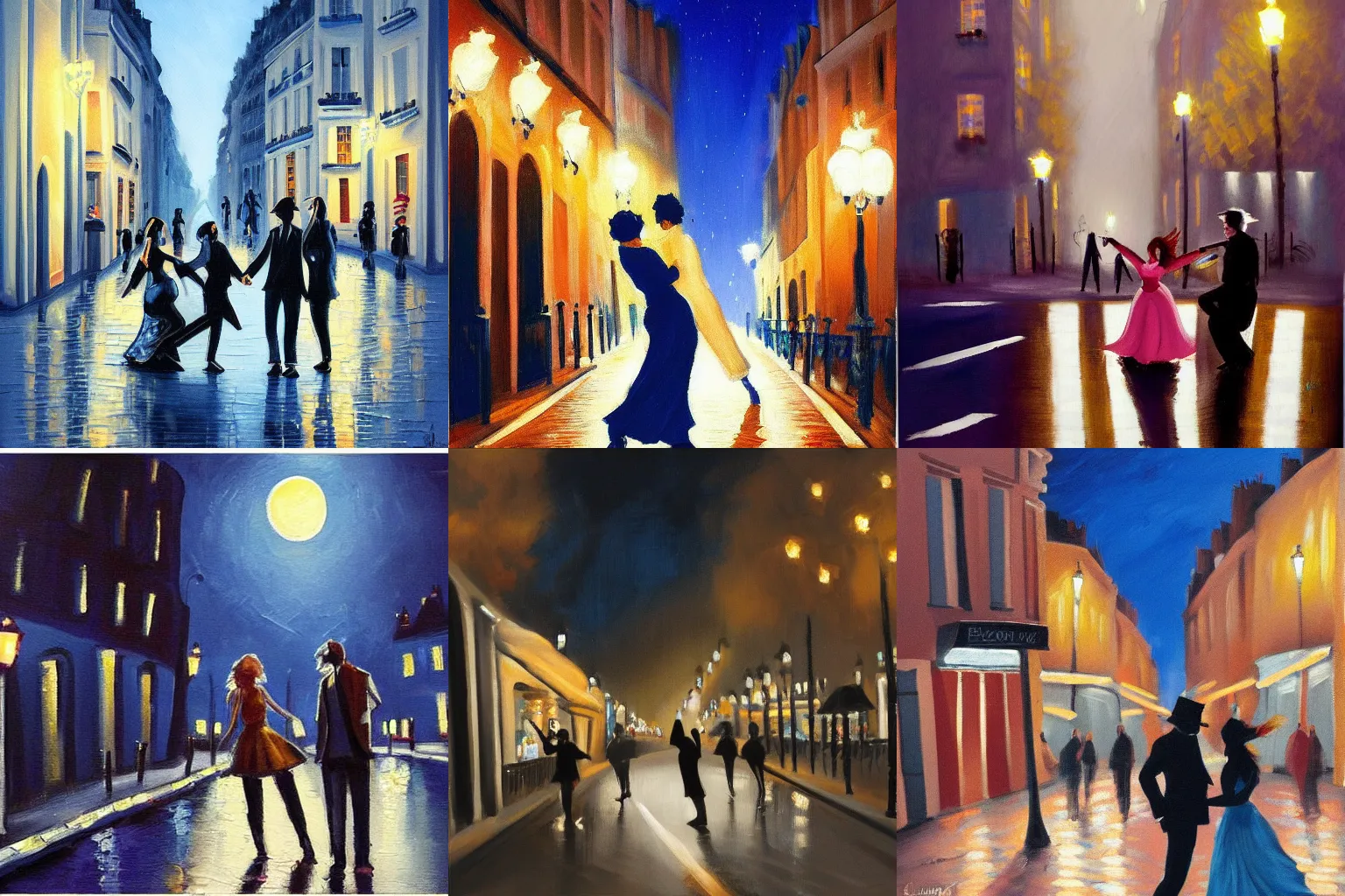Prompt: painting of a couple dancing in a street in paris at night, blue moonlight, giant moon, by Christian Dimitrov, romantic, trending on artstation,