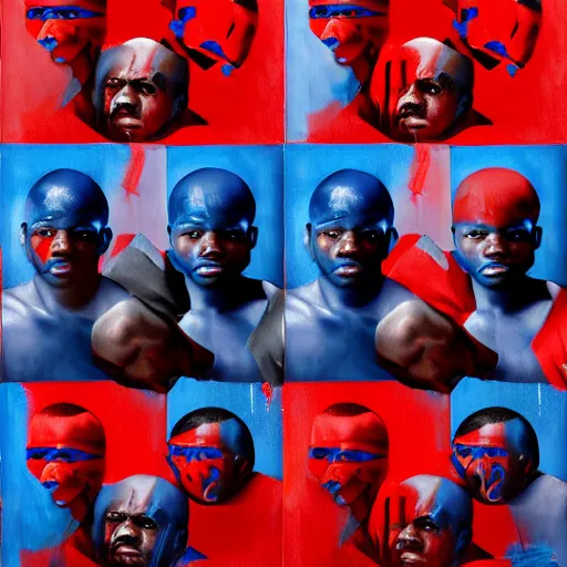 Image similar to crips vs bloods, uhd, 8 k painting by emanuele dascanio and robin eley