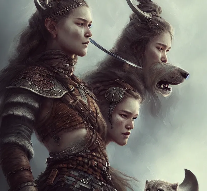 Image similar to a gorgeous!! woman resembling alicia vikander as a battle - worn viking warrior accompanied by a dire wolf | drawn by wlop, drawn by jeehyung lee, drawn by argerm | intricate, highly detailed, ultra graphics, digital painting, artstation