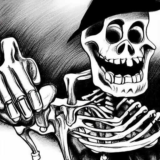 Image similar to a black and white detailed comic cartoon drawing of the skeleton of death giving a thumbs up and smiling, trending on artstation, 4 k