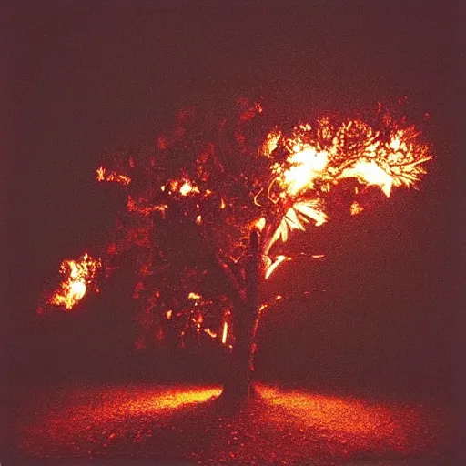 Prompt: “a photo of a burning palmetto tree in the dark with burning bright embers raining down everywhere in the middle of the dark black night. Photo. 35mm film. Cursed image.”
