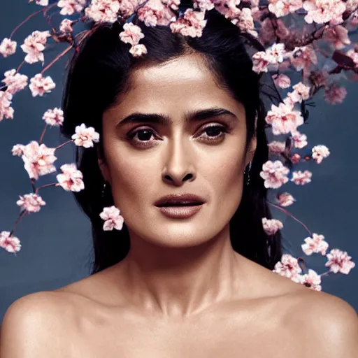 Image similar to salma hayek portrait picture by stefan kostic, perfect symmetry, realistic, body shot, sharp focus, 8 k high definition, insanely detailed, intricate, elegant, cherry blossoms