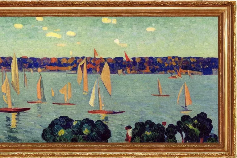 Image similar to A sprawling landscape painting of the Chesapeake bay in the fall, bathed in golden light, peaceful, sailboats, birds in the distance, golden ratio, fauvisme, art du XIXe siècle, oil on canvas by André Derain, Albert Marquet, Auguste Herbin, Louis Valtat, Musée d'Orsay catalogue