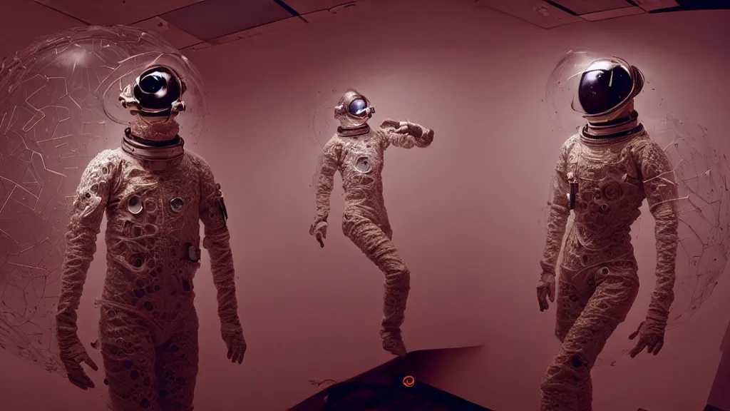 Image similar to a cybernetic symbiosis of a single astronaut eva suit infected with diamond 3d fractal lace iridescent bubble 3d skin covered with insectoid compound eye camera lenses floats through the living room, film still from the movie directed by Denis Villeneuve with art direction by Salvador Dalí, wide lens,