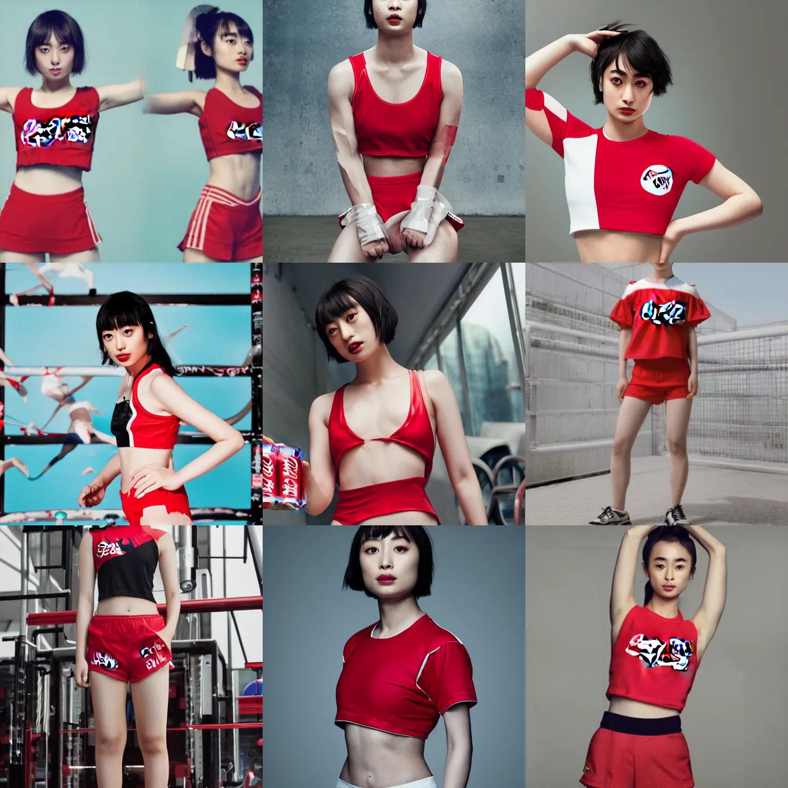 Prompt: suzu Hirose wearing crop red Coca Cola gym top with white Lettering, cropped red swim shorta, clear makeup, clean hair, dry skin, clear skin, airbrushed, bright eye makeup, face by Artgerm, warrior body, photo by mario testino and Charlie bowater, 8k octane render, cinematic, hyper detailed, micro details, insanely detailed, trending on artstation, concept art, Peter Paul Rubens and Peter Mohrbacher style, rococo baroque, insanely detailed and intricate