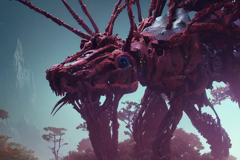 Prompt: portrait of a posed hyper detailed plowhorn evangelion realistic mechanical and fleshy organic creature similar look as horizon forbidden west horizon zero dawn bioluminiscence in a dark deep forest at dawn in spring, with reflection and textures, by kilian eng, substance painter reaslitic mech surface metal painted scratches