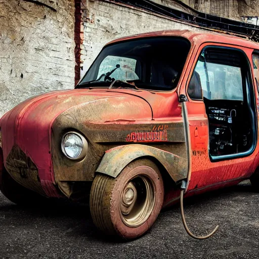 Image similar to nuclear themed ratrod car in the frame of a fiat panda. nuclear, mechanical ad, vehicle photoshoot, distant. hd ratrod, exposed engine, racer