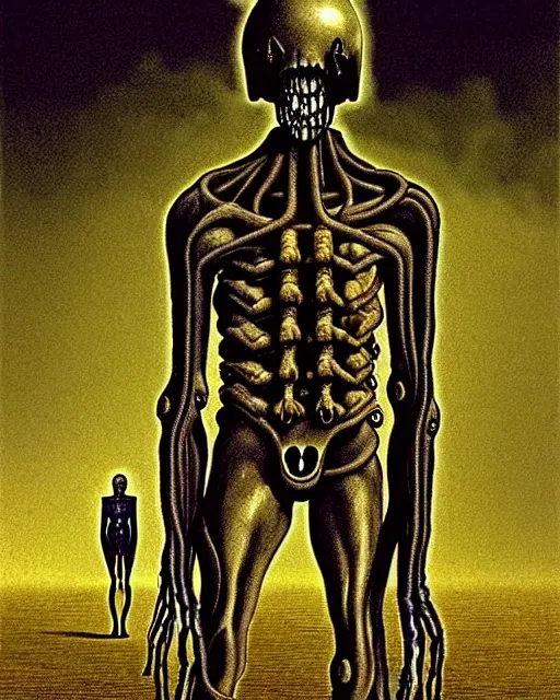 Image similar to full-body creepy realistic central composition, a decapitated soldier with futuristic elements. he welcomes you into the fog with no head, dark dimension portal, empty helmet inside is occult mystical symbolism headless full-length view. attendants watching, standing in ancient machine eldritch energies disturbing frightening eerie, uneasy atmosphere, artwork by Salvador Dali and Junji Ito