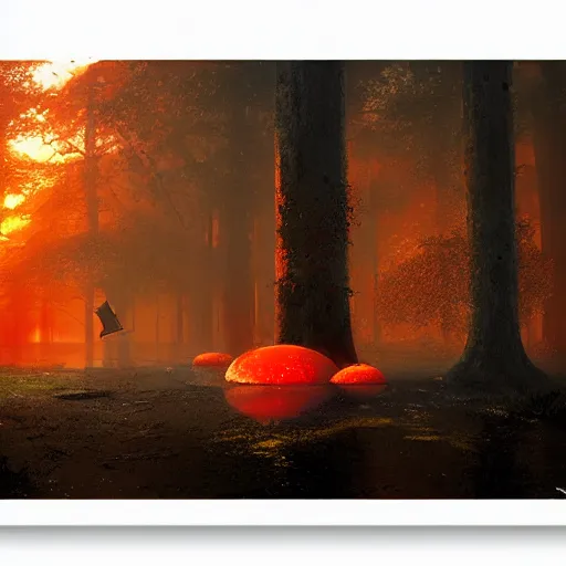 Prompt: huge orange and red mushroom in the woods, puddles of water, sunset, orange glow, foggy, by finnian macmanus and greg rutkowski