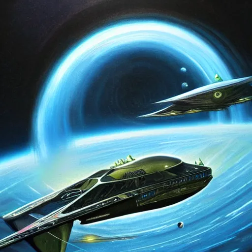 Prompt: a highly detailed painting of an intricate alien starship flying towards a black hole in space by Les Edwards,