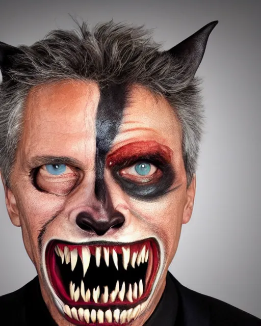 Image similar to angry Mauricio Macri showing teeth in Elaborate Cat Man Makeup and prosthetics designed by Rick Baker, Hyperreal, Head Shots Photographed in the Style of Annie Leibovitz, Studio Lighting