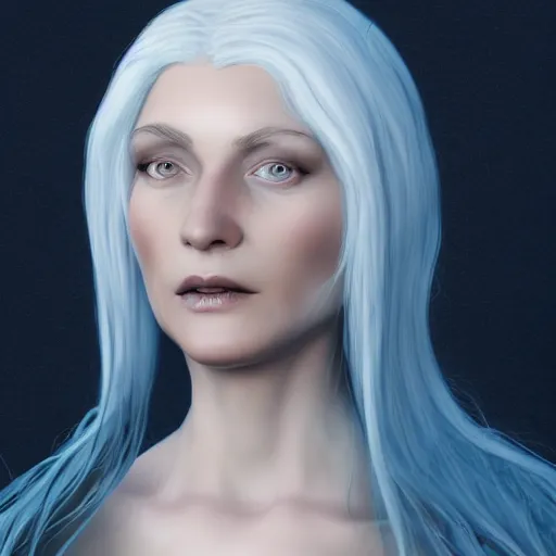 Image similar to a woman with white hair and blue eyes, a character portrait by Brian and Wendy Froud, trending on cg society, fantasy art, zbrush, airbrush art, digital painting