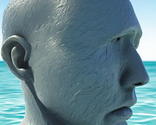 Image similar to a giant sculpture made out of of gelatin in a human head shape, on the surface of the ocean, in the style of chad knight, long shot, hyper detailed, hyper realistic, ray tracing, 8 k resolution, sharp focus, realistic water, award winning sculpture