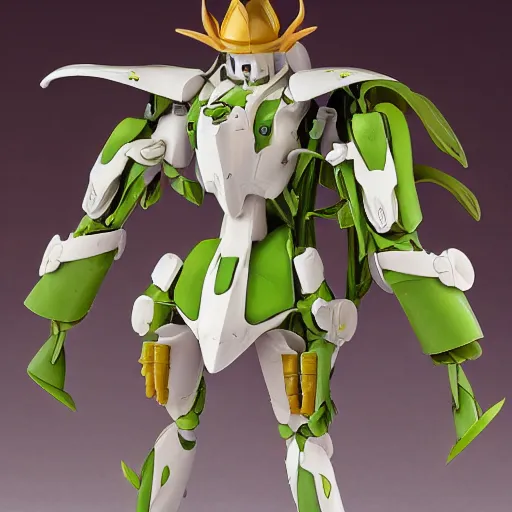 Prompt: futuristic pistia stratiotes mecha water lettuce upper body, sepals forming helmet, floral details, pistia, 8 k hd resolution, barbatos gundam with floral inlay, bandai box art, star wars, makoto kobayashi, frank gehry, raymond swanland