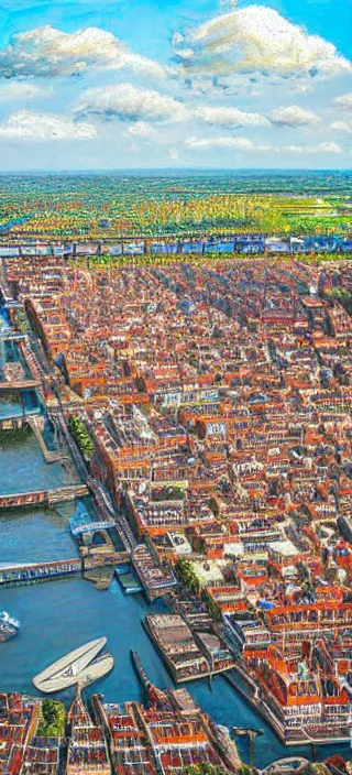 Prompt: a large oil painting of a drone view of amsterdam
