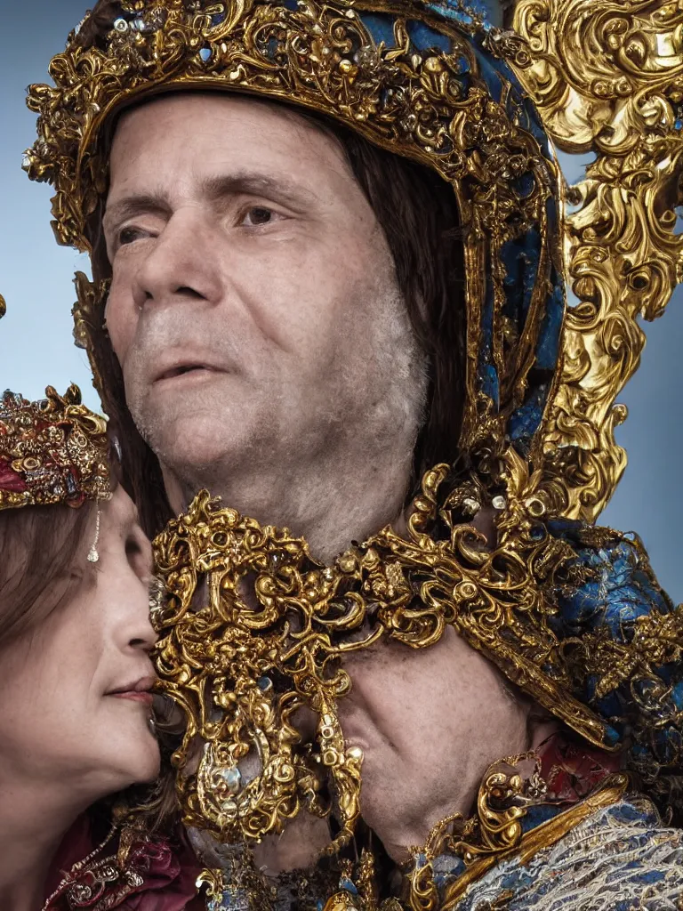 Image similar to a high-resolution color-chrome extreme closeup portrait photo of a medieval priest, kissing a incredible elegant pale renaissance rococo Queen, with ornate jewelled, rococo Queen, sci-fi, high-tech, beautiful low light, style Steve McCurry Octane render 8k