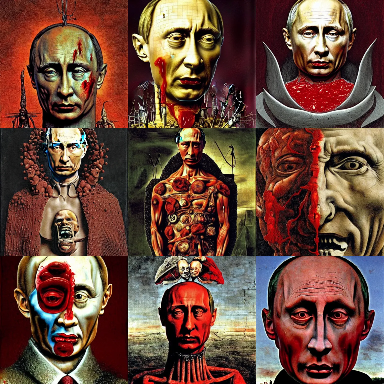 Prompt: statue of angry vladimir putin made of blood, horror and terror. detailed digital painting by giuseppe arcimboldo, salvador dali, hieronymus bosch, h. giger