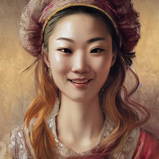 Image similar to a totally amazed smiling pretty asian girl with blonde hair, fully covering intricate detailed outfit, long loose blonde hair, precise linework, accurate brown eyes, small nose, beautiful smooth oval head, expressive emotions, hyper realistic ultrafine portrait by artemisia gentileschi, jessica rossier, greg rutkowski, artgerm