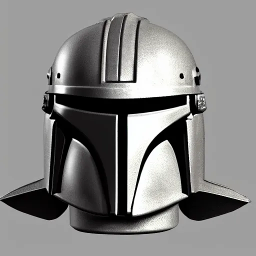 Image similar to a new design for mandalorian helmets. 3 d render.