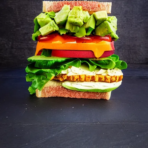 Image similar to sandwich of 1 0 feets of height, with fried tofu, one red tomato slice, mayo, onion, avocado, melted cheddar, red dish, background : jupiter and stars in the sky