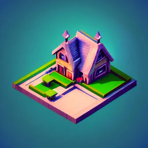 Prompt: Isometric 3D Fantasy Cute House, realistic, soft texture, render in blender,, magic voxel, gradient, geometric, minimal, cinematic lighting
