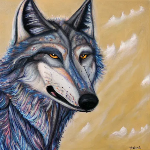 Image similar to an anthromorphic wolf robot using crack, by amanda clark in a psychedelic style, oil on canvas