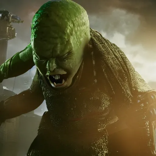 Image similar to pickle rick as superman! in gears of war, splash art, movie still, detailed face, photorealistic facial features, cinematic lighting, dramatic, octane render, long lens, shallow depth of field, bokeh, anamorphic lens flare, 8 k, hyper detailed, 3 5 mm film grain