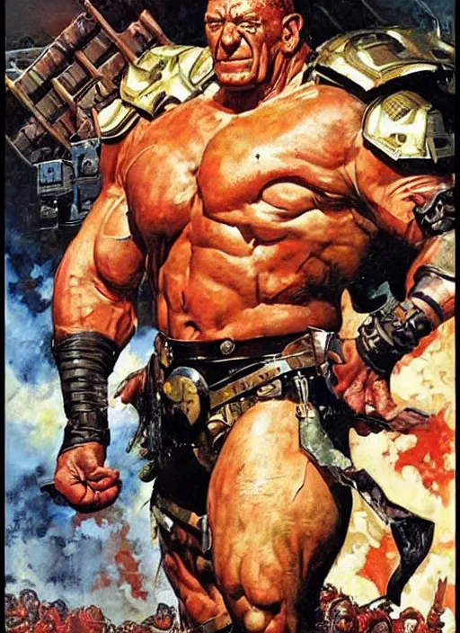 Image similar to full body and head portrait of huge mutant dorian yates as marvel's armoured juggernaut, dynamic action, painted by norman rockwell and phil hale and greg staples and tom lovell and frank schoonover and jack kirby