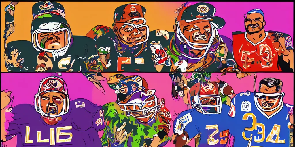 Prompt: Football players Butkus, Ditka, Walter Payton, as chefs inside Cthulhu, in the style of Lisa Frank