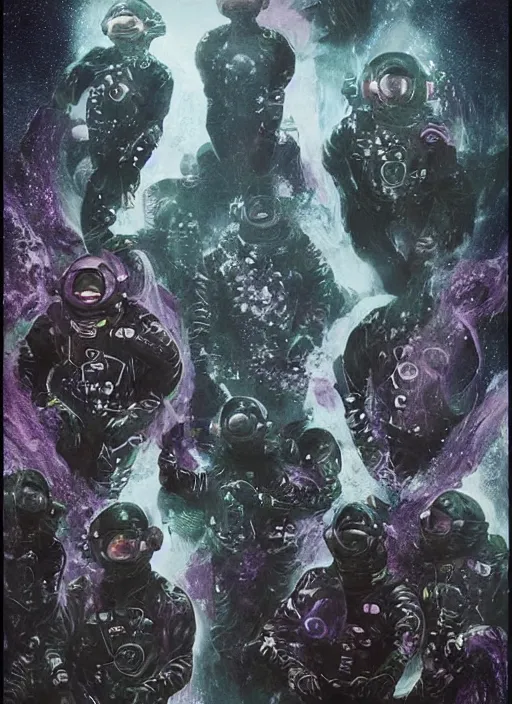 Image similar to astronauts in dark and empty void underwater - complex and hyperdetailed technical suit. reflection and dispersion materials. rays and dispersion of light. volumetric light. 5 0 mm, f / 3 2. noise film photo. flash photography. ultra realistic, wide angle. poster by wayne barlowe, hajime sorayama aaron horkey, craig mullins