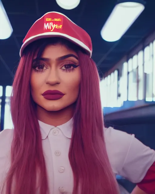 Prompt: film still of kylie jenner as a McDonald's worker, vibrant high contrast, octane, arney freytag, cinematic, portrait, backlit, rim lighting, 8k