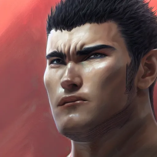 Image similar to semi realistic portrait of guts from berserk extremely detailed, made by wlop and maxwell boas