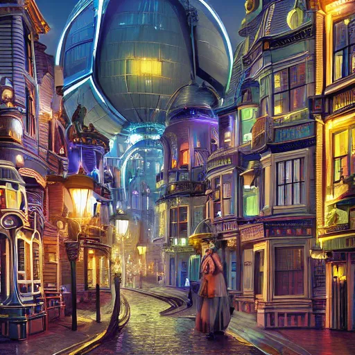 Prompt: a futuristic victorian city street, national geographic cover, award winning, 4 k, smooth, bright, light, colorful, victorian, futuristic, cyber - w 7 6 8