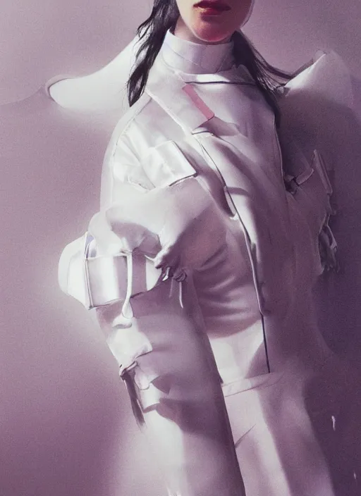 Image similar to a portrait by nick knight of a beautiful girl detailed features wearing a pilot suit wedding dress synthetic materials, jumpsuits chic'techno fashion trend by balenciaga and makoto shinkai