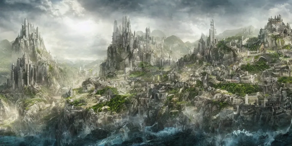 Prompt: an epic fantasy city built into the side of a mountain, white walls, white towers. farms and field at the base of the city. An ocean in the background. high fantasy detailed digital matte painting