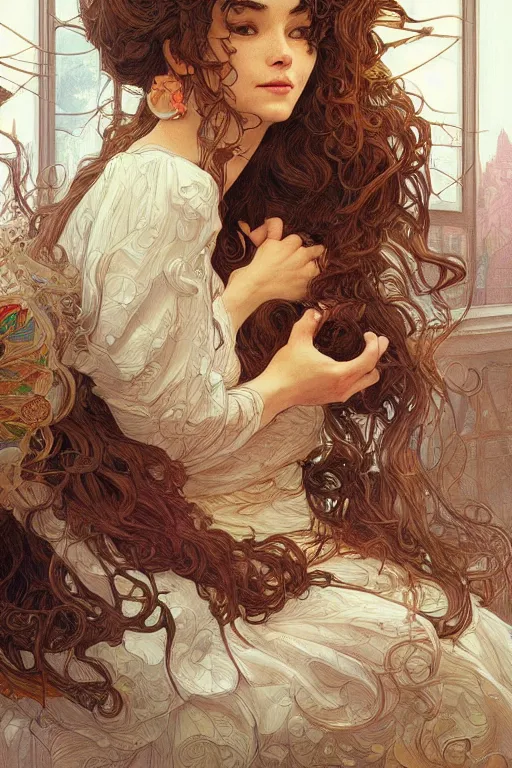 Image similar to cottagecore appartment with 100 cats playing inside, beautiful Hair, studio gibly, intricate, elegant, highly detailed, digital painting, artstation, concept art, smooth, sharp, focus, illustration, art by artgerm and greg rutkowski and alphonse mucha