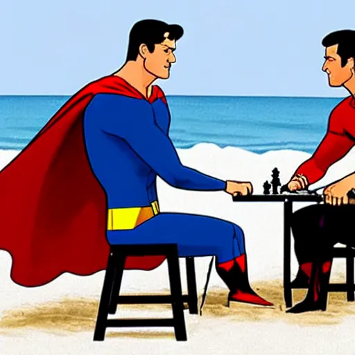 Prompt: Superman and Batman playing chess on the beach during an alien invasion