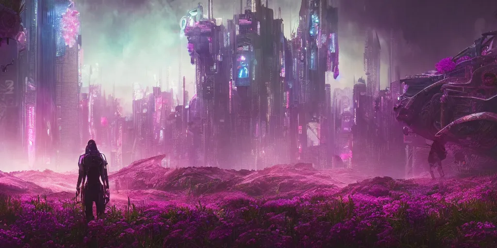 Image similar to A cyberpunk dreamscape showing an alien landscape covered in mystical flowers | Dreamworks Films Art | Depth of Field | 4k