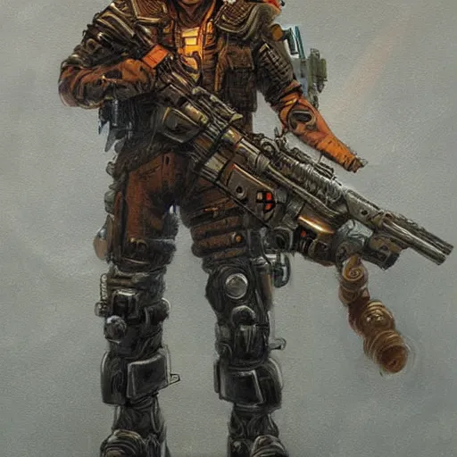 Prompt: a cyberpunk soldier painted by alex horley