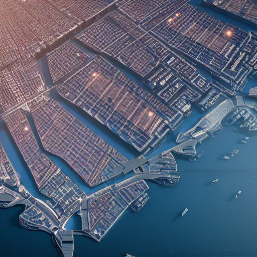 Image similar to aerial photo of futuristic technologic advanced venice city. photorealistic, trending on artstation, volumetric lighting, 4 k, award winning