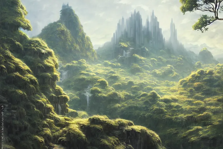 Prompt: Brutalist Shiro in Eden amazing concept painting, by Jessica Rossier , Gleaming White, fey magical lighting, overlooking a valley, Himeji Rivendell Garden of Eden, terraced orchards and ponds, lush fertile fecund, fruit trees, by Brian Froud by Beksinski