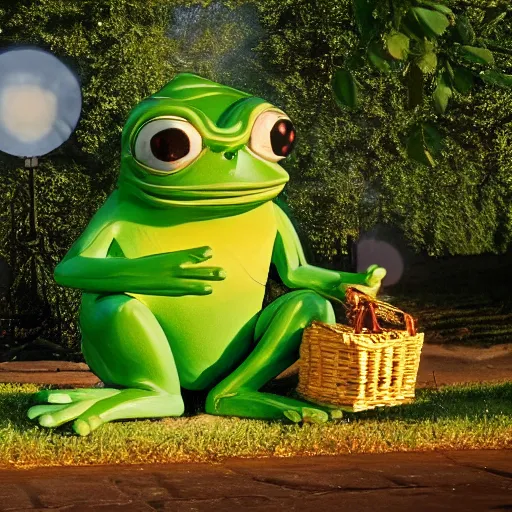 Prompt: Pepe the Frog. Pepe the Frog sitting on a picnic in the park. 35mm, focused, soft lights, International Photography Awards, photo by Steve Hanks, Pepe-art