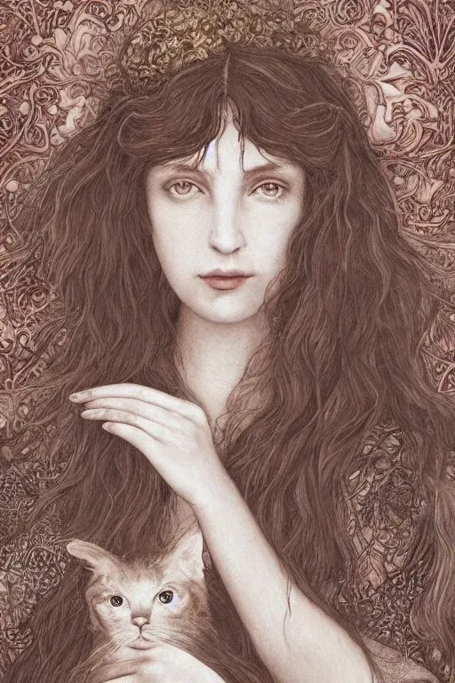 Image similar to An extremely beautiful pre-raphaelite portrait of a cute witch and her cat, surreal, ultradetailed, intricate, elegant, detailed, digital painting, artstation, concept art, smooth, sharp focus, illustration, regal, award winning picture, extremely detailed masterpiece, sense of awe, featured on artstation, Artgerm, effervescent punk kawaii-noir pastel bubbles, winning award piece, ethereal rainbows, Aetherpunk, Exquisite details