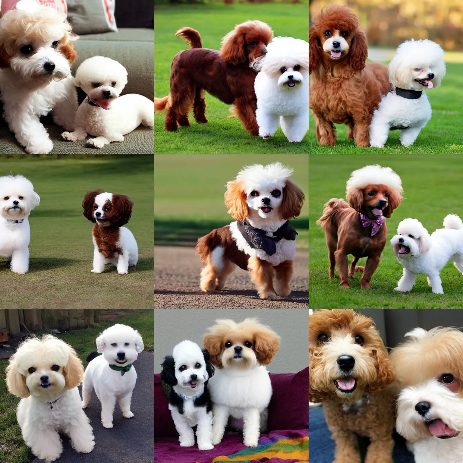 Prompt: a bichon frise plays with a cute brown long haired chihuahua cocker spaniel