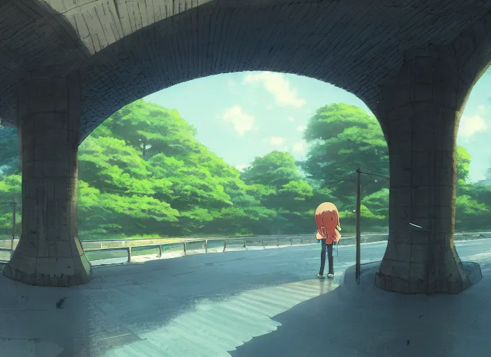 Image similar to perspective piece under a bridge, anime scenery by Makoto Shinkai