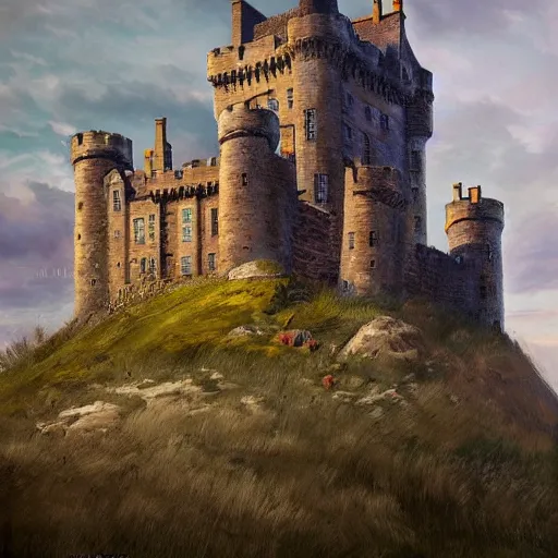 Image similar to an awesome scotish castle painting by peter klasen, moebius, artstation